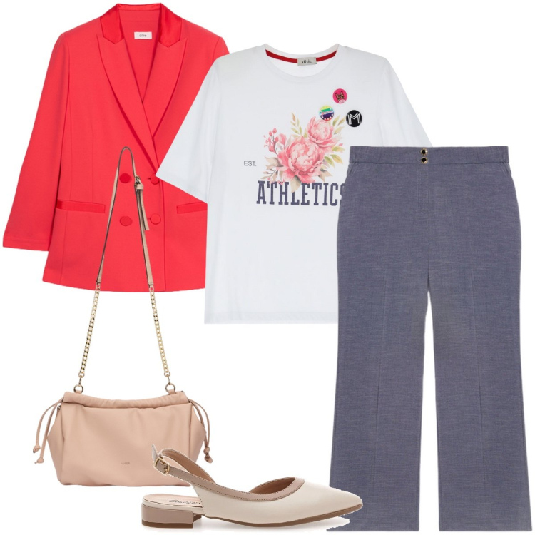 Outfit donna - La giacca colorata. Stile Casual chic per Ufficio. Abbinamento con t-shirt, pantaloni, ballerine, borse a tracolla, blazer.