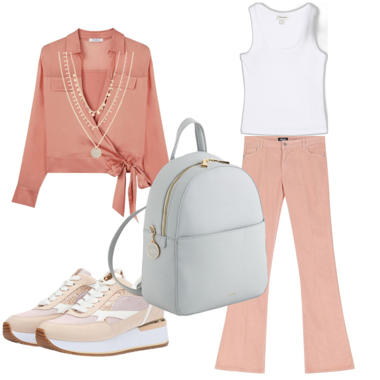 Outfit donna - Total look #2098310. Stile Casual per Tutti i giorni. Abbinamento con collane, canottiere, jeans a zampa, camicie, zaini, sneakers.