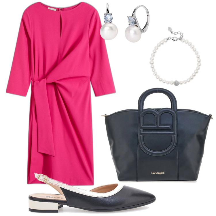 Outfit donna - Outfit versatile. Stile Bon Ton per Ufficio. Abbinamento con vestiti, braccialetti, orecchini, ballerine, borse a tracolla.