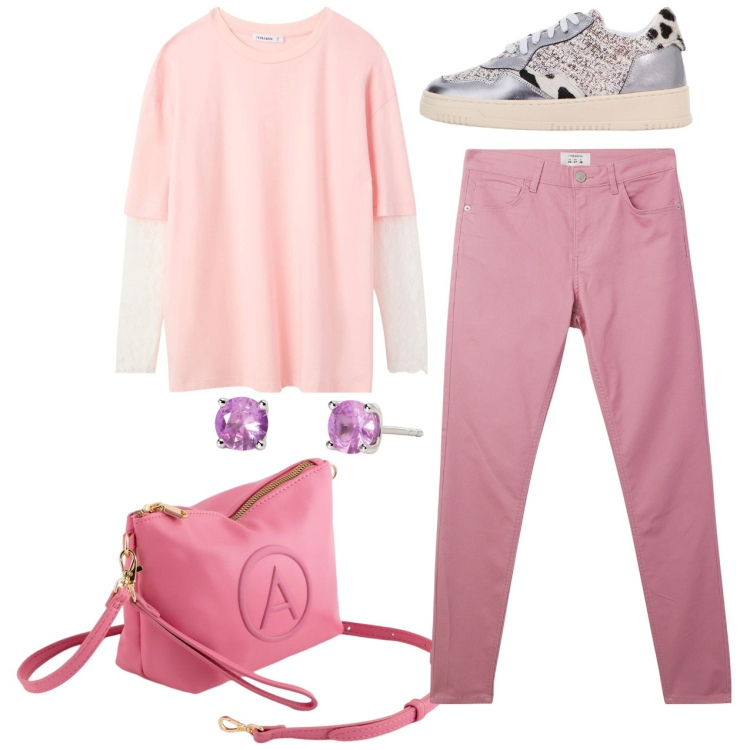 Outfit donna - Rosa Pastello - Leggero, sognante e vers. Stile Basic per Tutti i giorni. Abbinamento con t-shirt, pantaloni, orecchini, sneakers, valigie.
