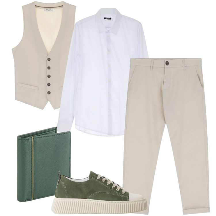 Outfit uomo - Il completo beige. Stile Trendy per Ufficio. Abbinamento con pantaloni chino, camicie, sneakers, gilet, portafogli.
