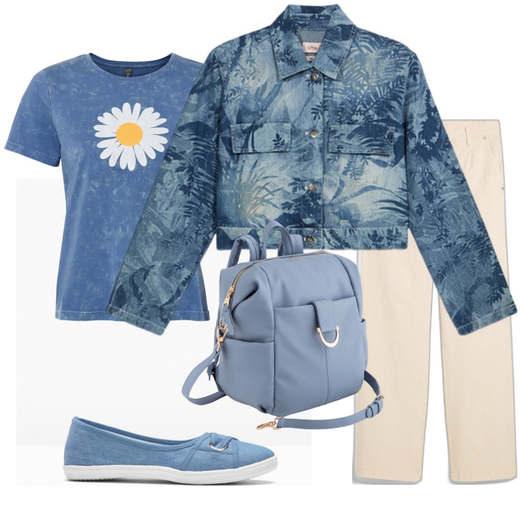Outfit donna - Felce azzurra. Stile Casual per Tutti i giorni. Abbinamento con ballerine, t-shirt, jeans dritti, zaini, blazer.