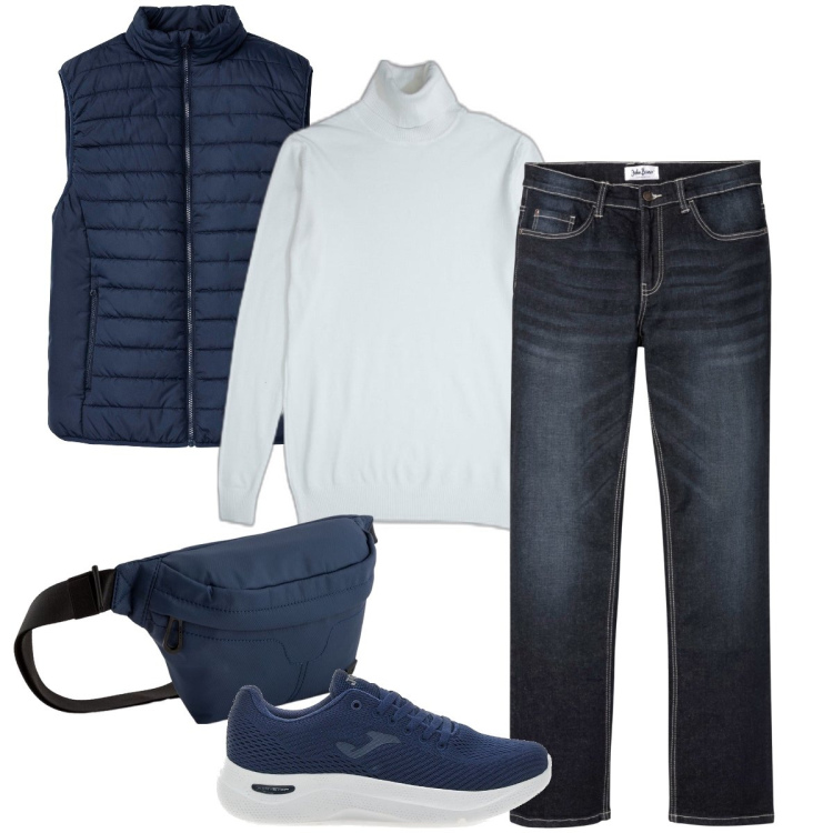 Outfit uomo - In giro per commissioni. Stile Casual per Tutti i giorni. Abbinamento con gilet, jeans bootcut, pullovers, sneakers, borse sportive.