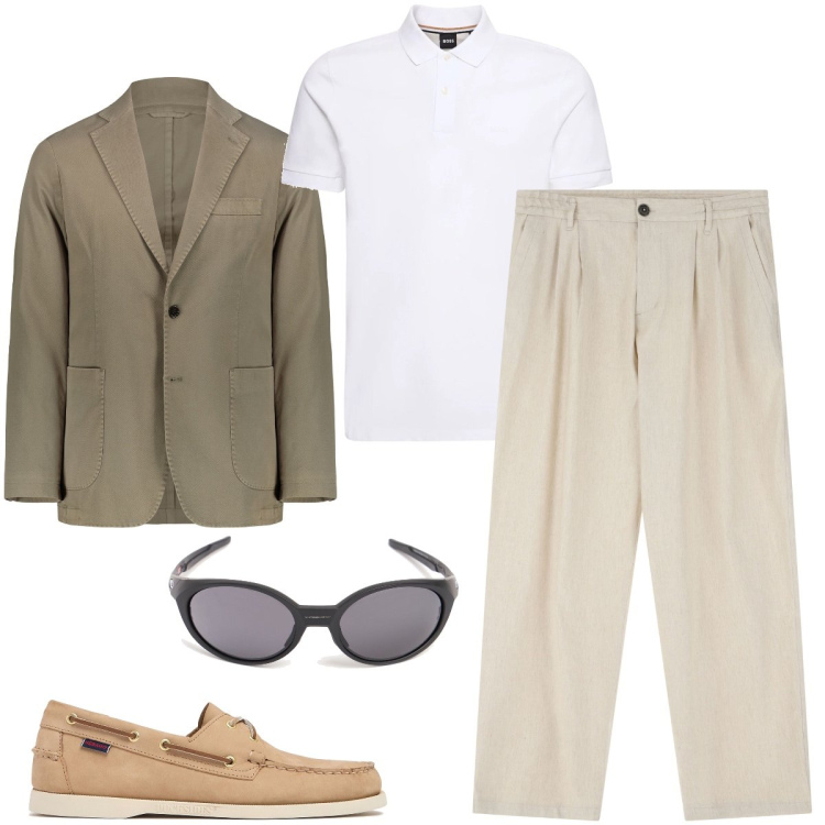 Outfit uomo - Giornata soleggiata. Stile Trendy per Tutti i giorni. Abbinamento con pantaloni, giacche, polo, scarpe stringate, occhiali da sole.