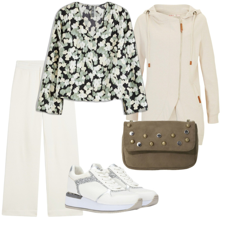 Outfit donna - Uscita di Pasquetta. per Tutti i giorni. Abbinamento con blazer, bluse, pantaloni, borse a tracolla, sneakers.