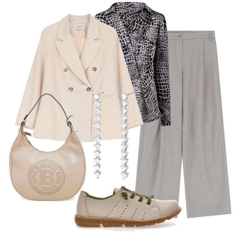 Outfit donna - Tailleur sartoriali per curve eleganti. Stile Sporty chic per Tutti i giorni. Abbinamento con orecchini, bluse, pantaloni, blazer, scarpe stringate, borse a spalla.