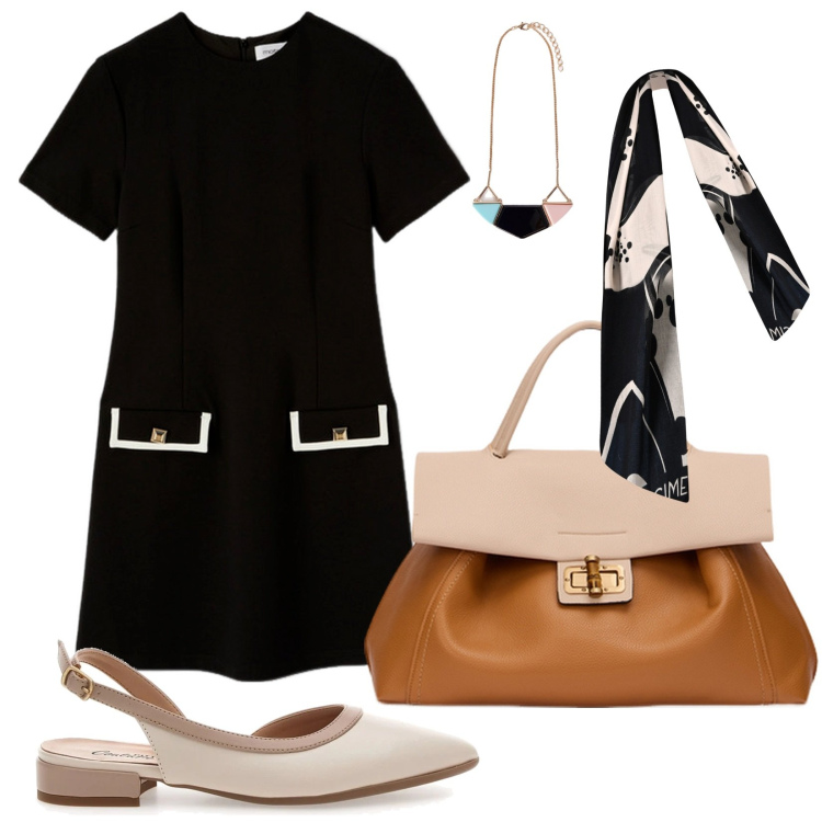 Outfit donna - Primavera in ufficio. Stile Bon Ton per Ufficio. Abbinamento con sciarpe, ballerine, ciondoli, borse a tracolla, vestiti corti.
