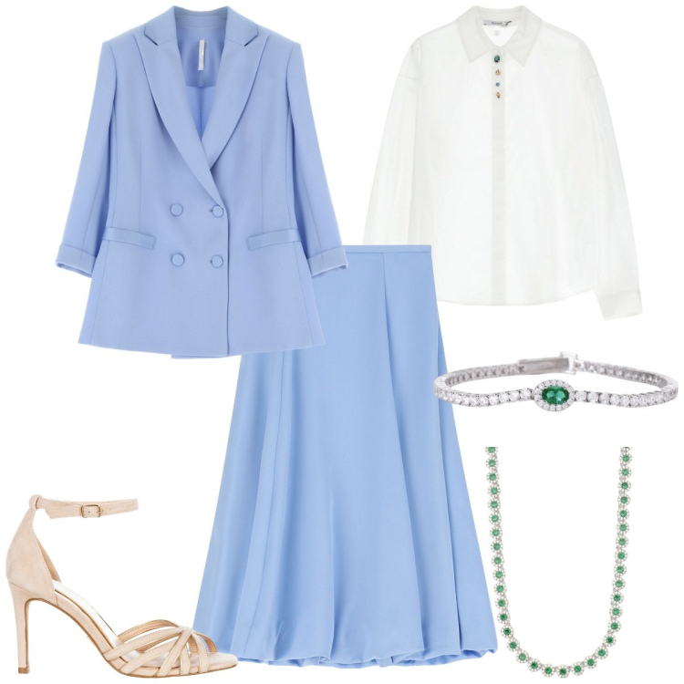 Outfit donna - Tailleur sartoriale per curve eleganti. Stile Chic per Cerimonia. Abbinamento con collane, braccialetti, sandali col tacco, camicie, gonne longuette, blazer.