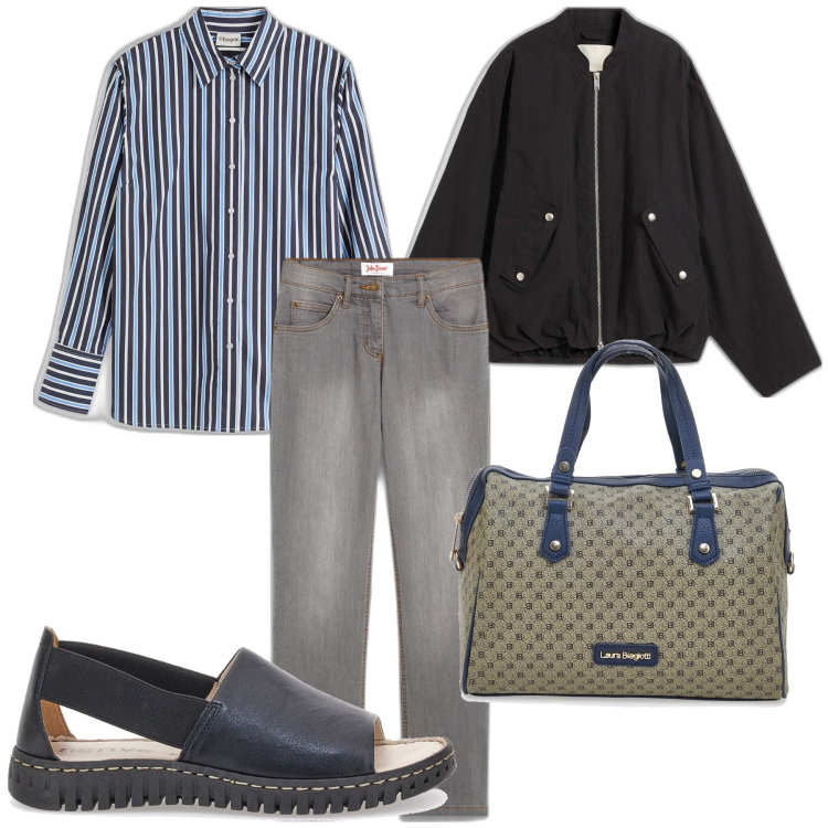 Outfit donna - Total look. Stile Sporty chic per Tutti i giorni. Abbinamento con jeans dritti, bomber, camicie, borse a spalla, sandali in pelle.