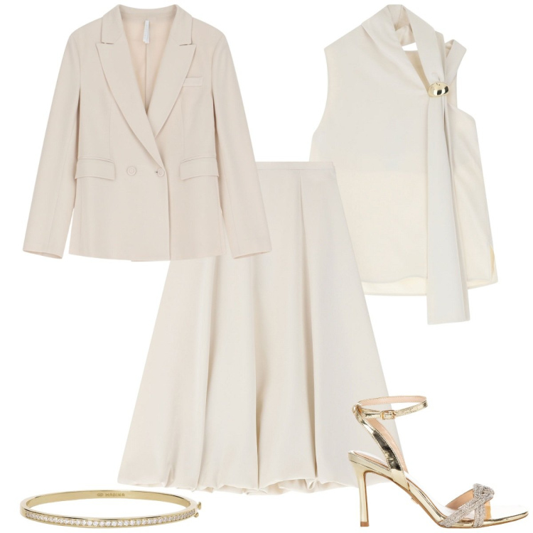Outfit donna - Tailleur sartoriale per curve eleganti. Stile Chic per Cerimonia. Abbinamento con braccialetti, sandali col tacco, gonne longuette, top, blazer.
