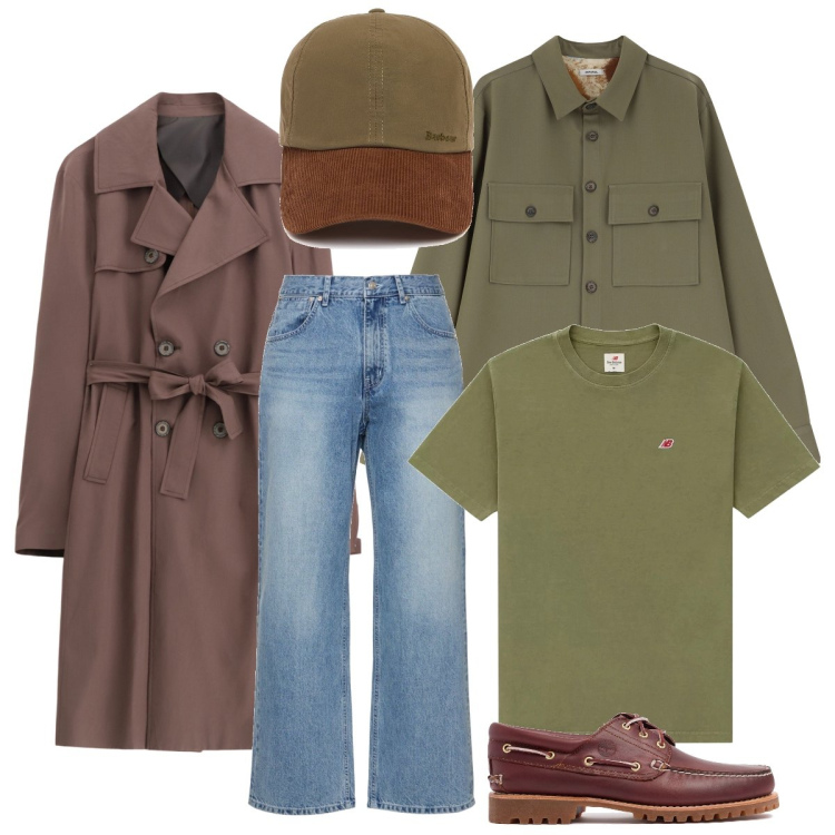 Outfit uomo - Giornata di aprile. Stile Trendy per Tutti i giorni. Abbinamento con t-shirt, trench, camicie, jeans, scarpe stringate, cappelli con visiera.