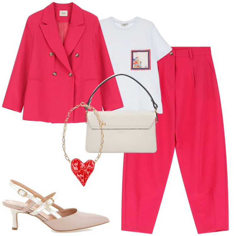 Outfit donna - Frizzante. Stile Urban per Tutti i giorni. Abbinamento con pantaloni, t-shirt, blazer, décolleté, ciondoli, borse a tracolla.