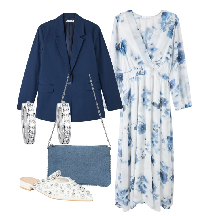 Outfit donna - Terranova - Occasioni speciali. Stile Bon Ton per Cerimonia. Abbinamento con ballerine, borse a tracolla, vestiti lunghi, blazer, orecchini.