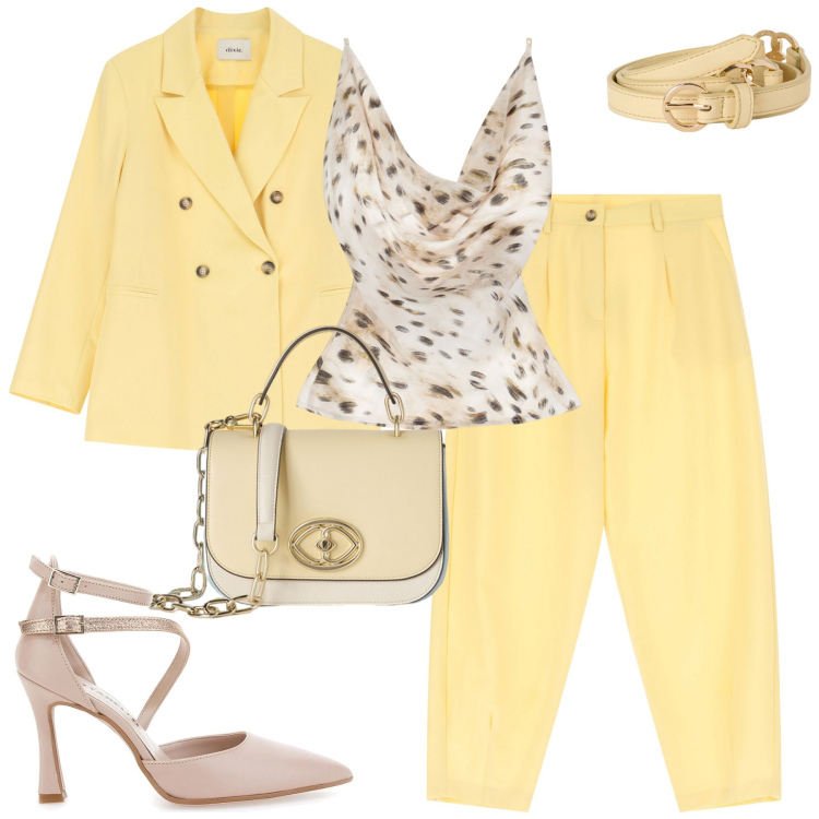 Outfit donna - Giallo chiaro. Stile Urban per Tutti i giorni. Abbinamento con top, pantaloni, blazer, décolleté, borse a tracolla, cinture.