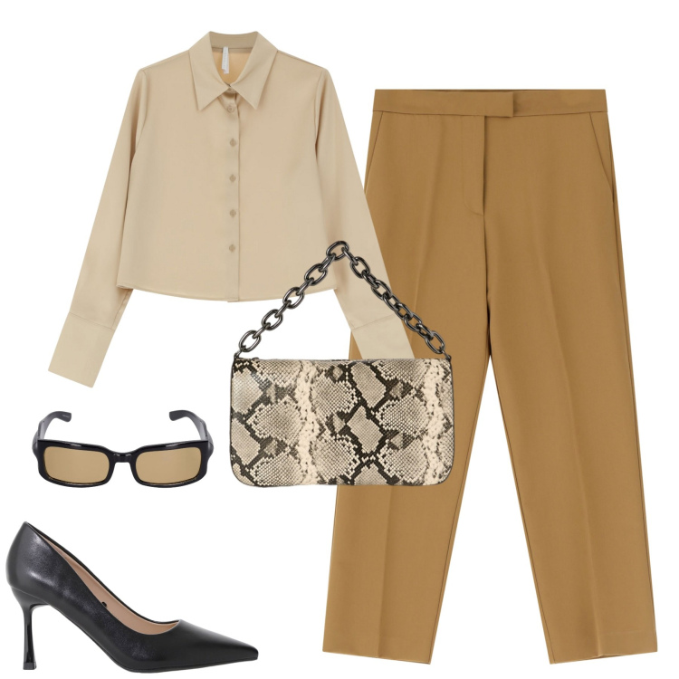 Outfit donna - City. Stile Chic per Tutti i giorni. Abbinamento con pantaloni, décolleté, camicie, borse a tracolla, occhiali da sole.