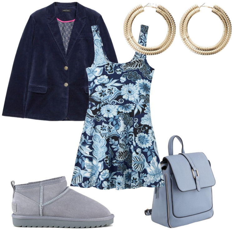 Outfit donna - Stampe floreali rivisitate: primavera tr. Stile Trendy per Tutti i giorni. Abbinamento con vestiti corti, orecchini, stivali, blazer, zaini.