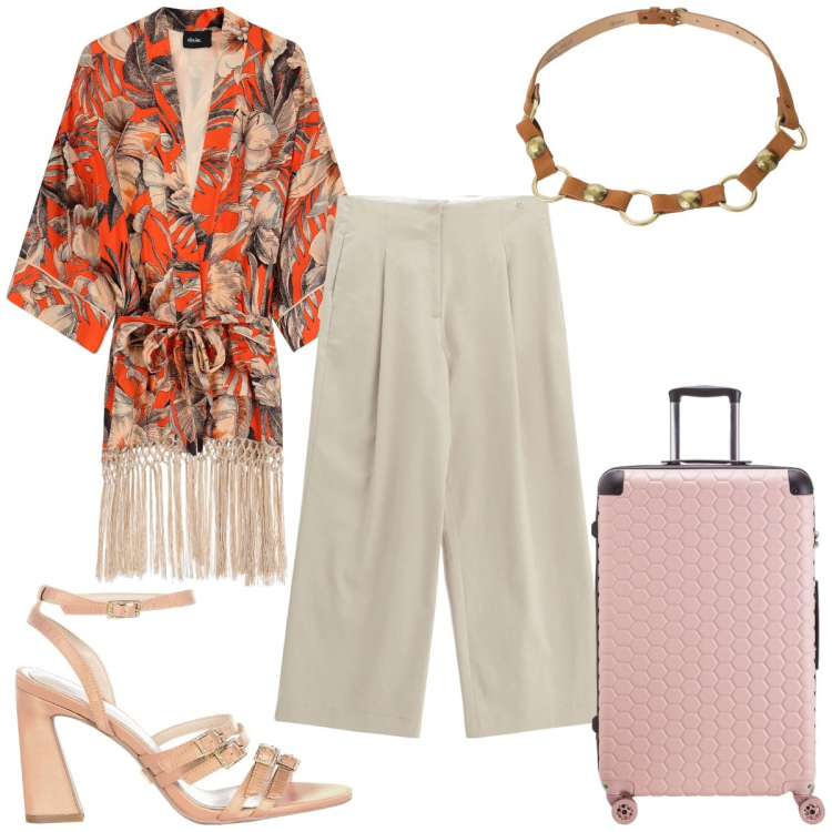 Outfit donna - Stampe floreali rivisitate: il kimono. Stile Trendy per Tutti i giorni. Abbinamento con sandali col tacco, pantaloni a palazzo, cinture, kimono, valigie.