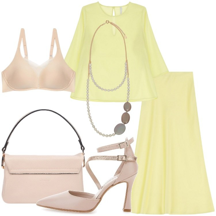 Outfit donna - Giallo burro - @pamela. Stile Chic per Serata fuori. Abbinamento con gonne lunghe, bluse, décolleté, reggiseni, borse a tracolla, collane.