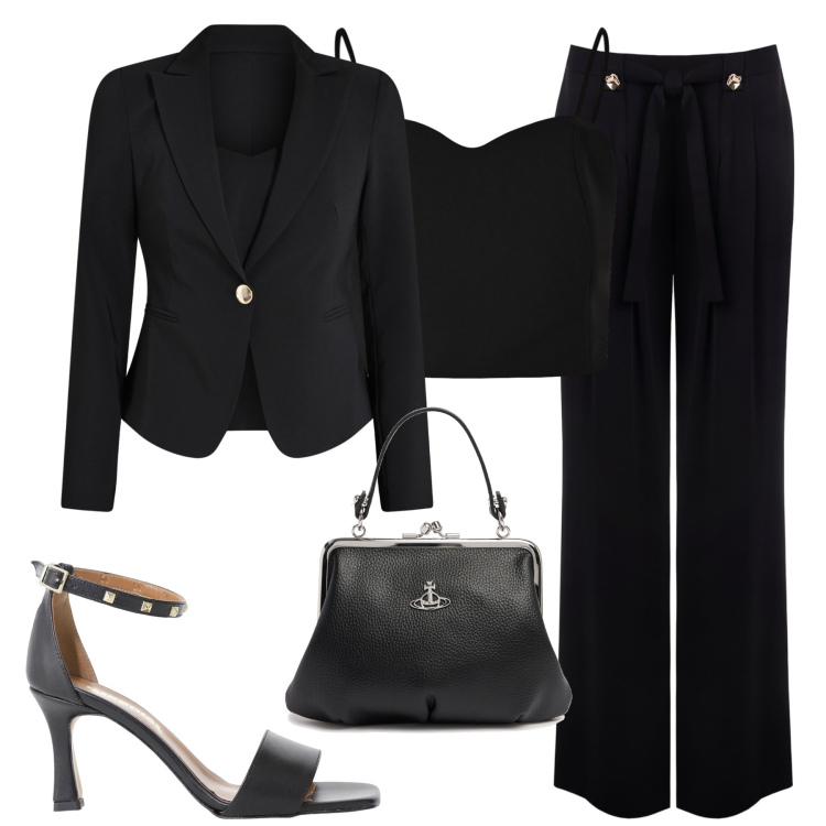 Outfit donna - Black. Stile Chic per Serata fuori. Abbinamento con blazer, top, pantaloni, sandali col tacco, borse a mano.