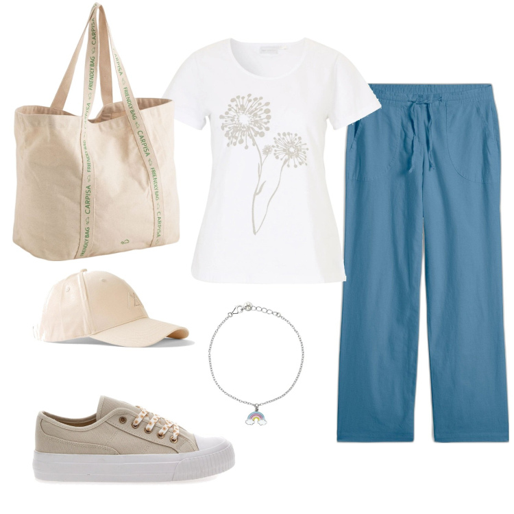 Outfit donna - Passeggiata primaverile. Stile Casual per Tutti i giorni. Abbinamento con pantaloni a palazzo, t-shirt, cappelli con visiera, braccialetti, sneakers, shopping bag.
