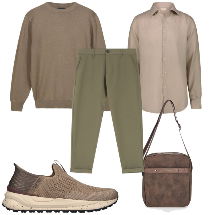 Outfit uomo - tonalità terrose:pantaloni verde oliva. Stile Trendy per Tutti i giorni. Abbinamento con pantaloni chino, sneakers, maglieria, camicie, portafogli.