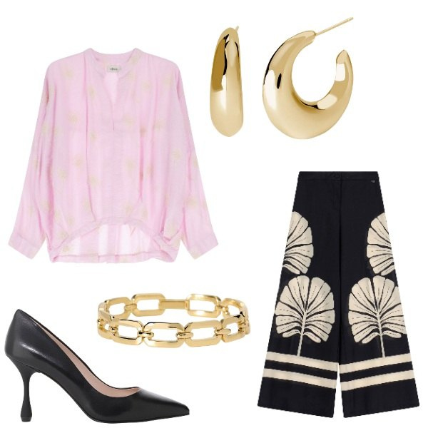 Outfit donna - Total look #2098477. Stile Chic per Serata fuori. Abbinamento con orecchini, braccialetti, décolleté, pantaloni a palazzo, camicie.