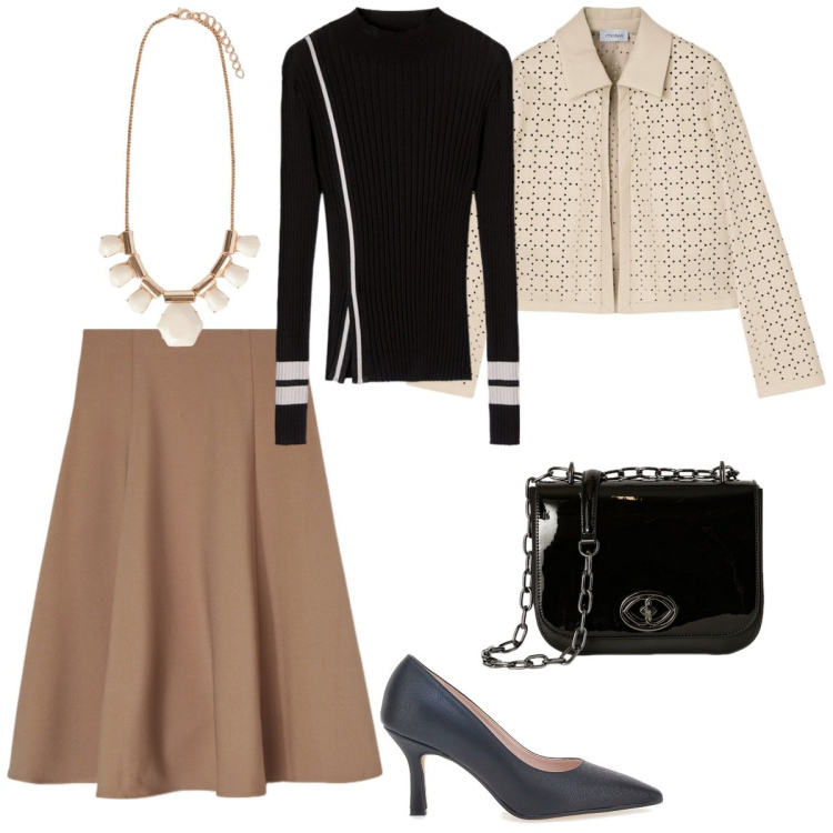 Outfit donna - Total look #2098478. Stile Bon Ton per Ufficio. Abbinamento con décolleté, blazer, maglieria, gonne longuette, collane, borse a tracolla.