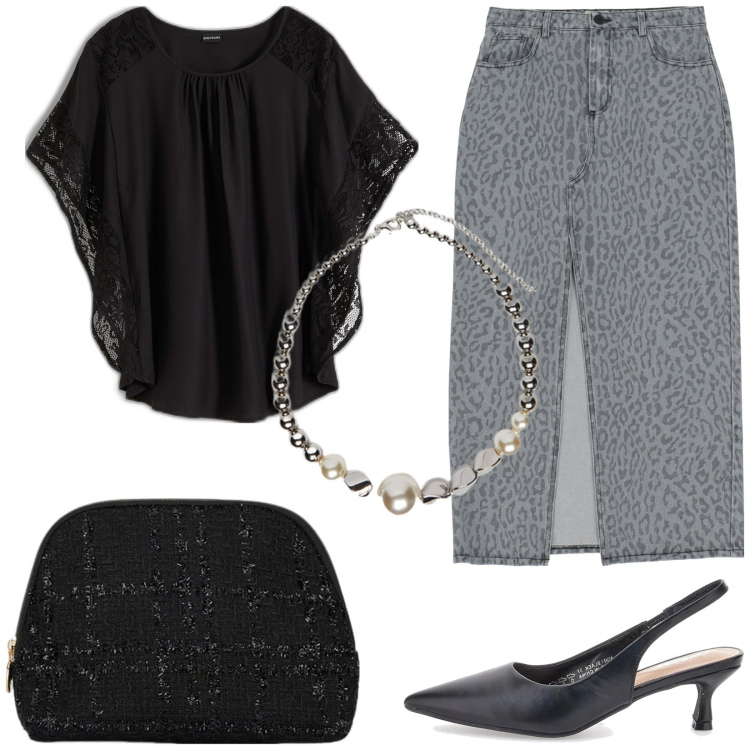 Outfit donna - Cena con le amiche. Stile Casual chic per Serata fuori. Abbinamento con bluse, gonne lunghe, décolleté, collane, pochette.