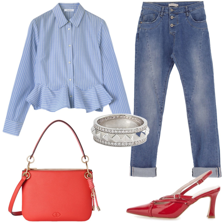 Outfit donna - Elegante in jeans. Stile Casual chic per Tutti i giorni. Abbinamento con anelli, jeans slim fit, décolleté, camicie, borse a tracolla.