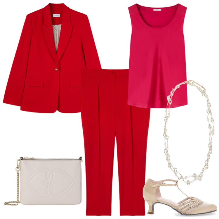 Outfit donna - Cerimonia in rosso. Stile Chic per Cerimonia. Abbinamento con décolleté, pantaloni, blazer, top, pochette, collane.