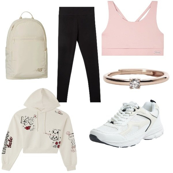 Outfit donna - giornata di sport. Stile Casual per Sport. Abbinamento con leggings, canottiere, sneakers, felpe con cappuccio, anelli, zaini.
