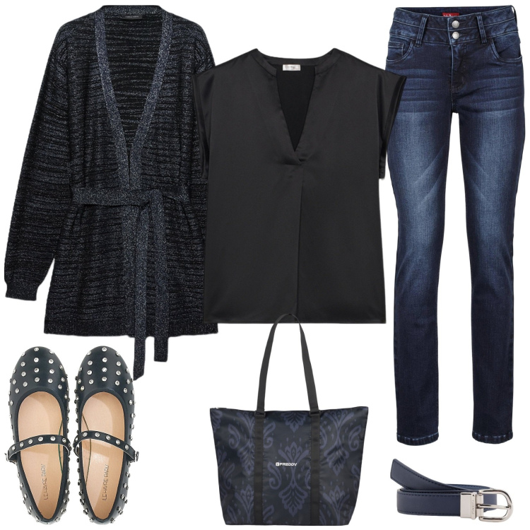 Outfit donna - Ballerine alla moda. Stile Casual per Tutti i giorni. Abbinamento con jeans, shopping bag, ballerine, t-shirt, cardigans, cinture.