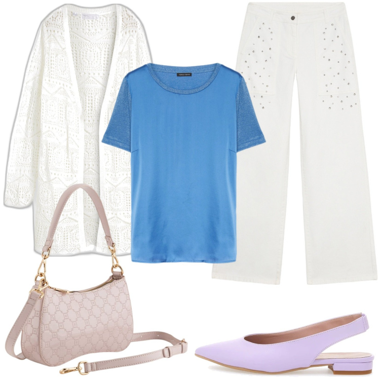 Outfit donna - Gita fuori porta. Stile Casual per Tutti i giorni. Abbinamento con cardigans, ballerine, pantaloni a palazzo, t-shirt, borse a tracolla.