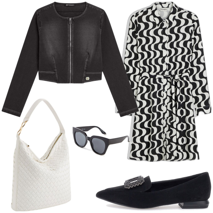 Outfit donna - Abitino optical. Stile Casual per Tutti i giorni. Abbinamento con vestiti chemisier, occhiali da sole, blazer, ballerine, borse a tracolla.