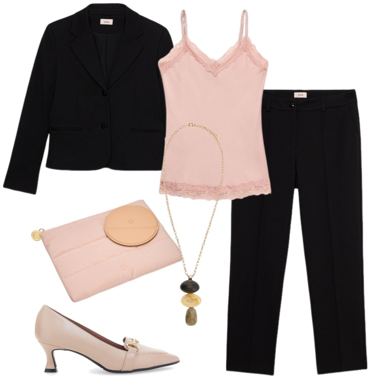 Outfit donna - Serata-Evento speciale-cerimonia inform. Stile Chic per Serata fuori. Abbinamento con décolleté, top, blazer, pantaloni, collane, pochette.