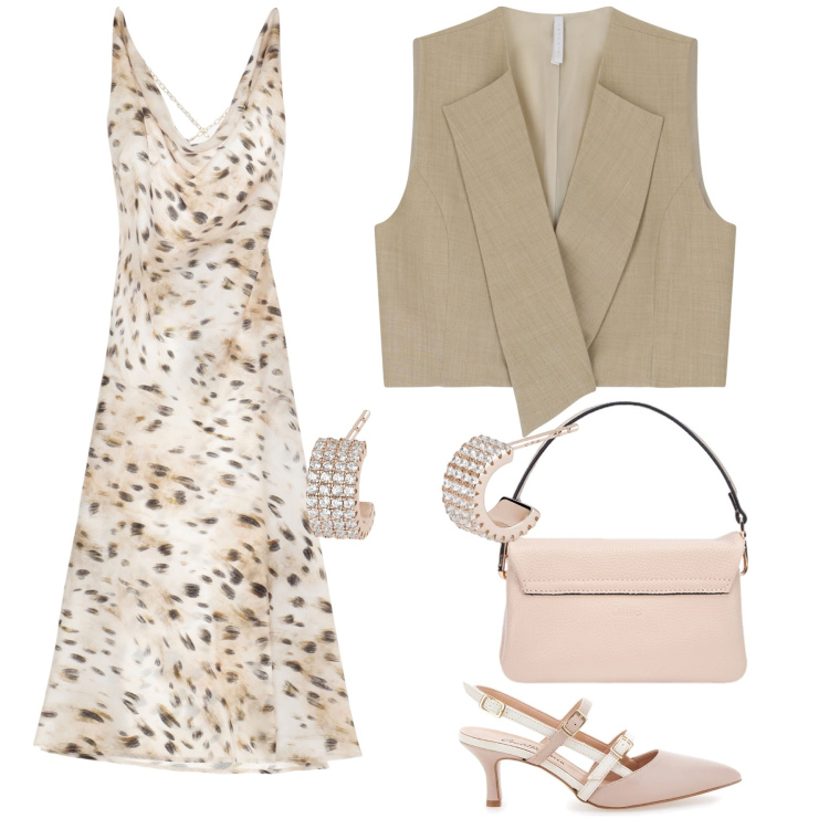 Outfit donna - Cerimonia alternativa con gilet. Stile Chic per Cerimonia. Abbinamento con orecchini, vestiti, gilet, décolleté, borse a tracolla.