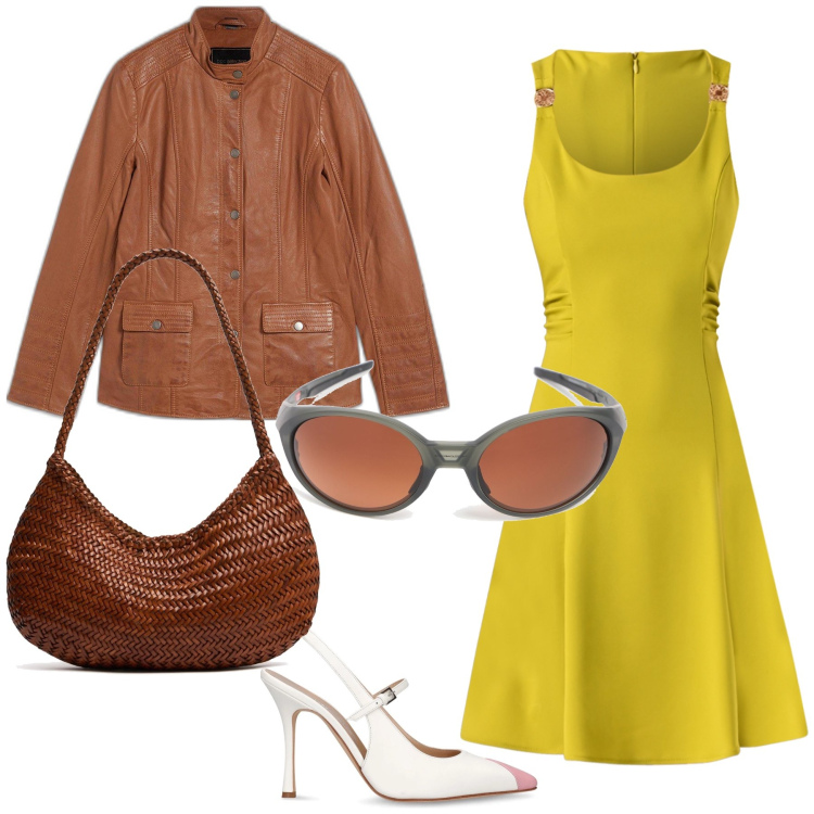 Outfit donna - Pomeriggio in vie del centro. Stile Glamour per Tutti i giorni. Abbinamento con blazer, vestiti, décolleté, occhiali da sole, borse a spalla.