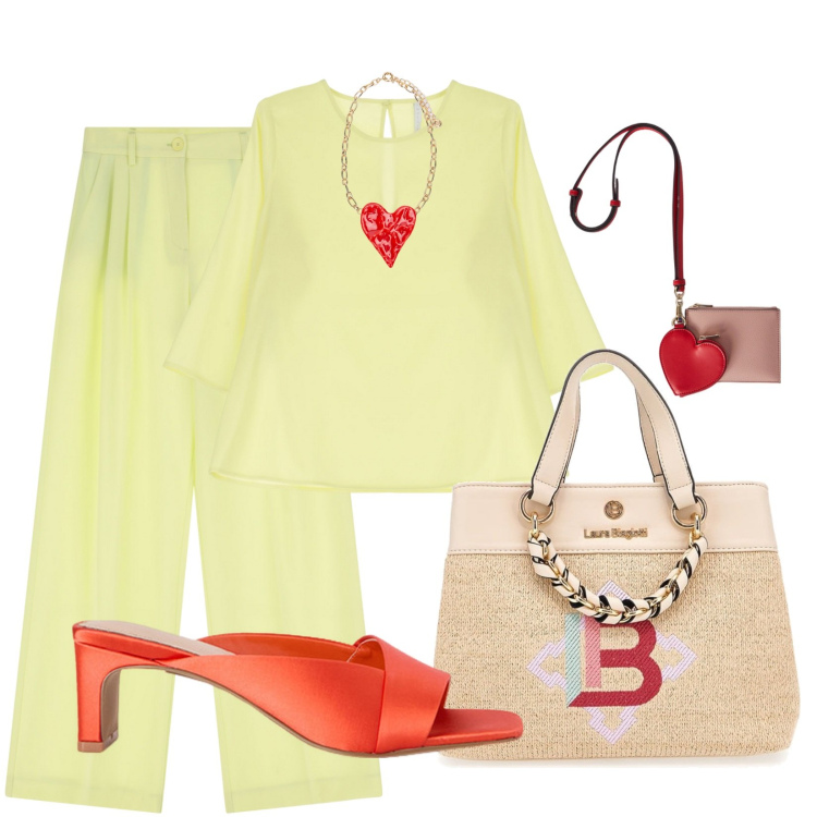 Outfit donna - Eleganza in giallo. Stile Casual chic per Tutti i giorni. Abbinamento con bluse, pantaloni, portafogli, borse a mano, ciondoli, sabot.