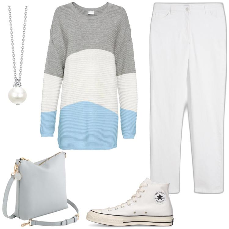 Outfit donna - Maxi pull primaverile. Stile Basic per Tutti i giorni. Abbinamento con pantaloni, maglieria, collane, sneakers, borse a tracolla.