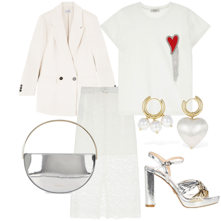 Outfit donna - Red and White Hearts. Stile Glamour per Ufficio. Abbinamento con gonne longuette, t-shirt, sandali in pelle, orecchini, pochette, blazer.