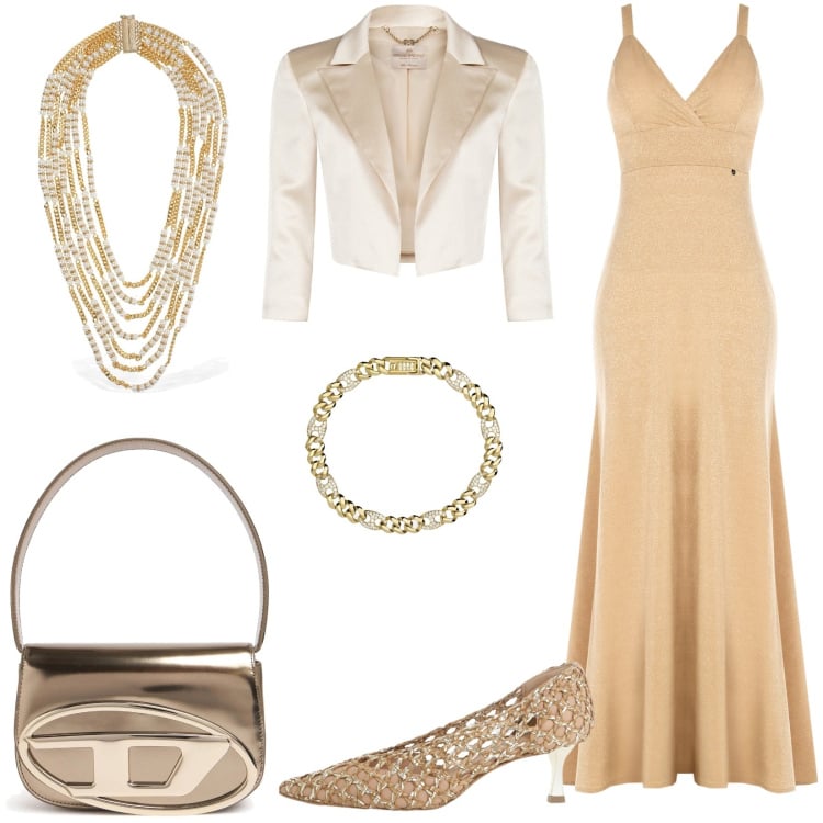 Outfit donna - Cerimonia importante. Stile Chic per Cerimonia. Abbinamento con braccialetti, bolero, vestiti lunghi, décolleté, collane, borse a spalla.