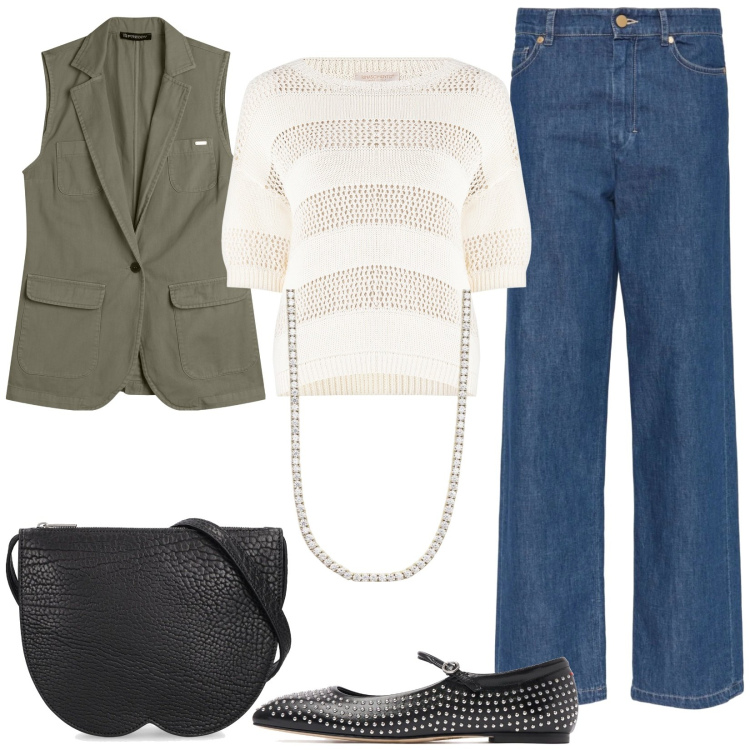 Outfit donna - Gilet e jeans. Stile Casual chic per Tutti i giorni. Abbinamento con collane, maglieria, gilet, borse a spalla, ballerine, jeans dritti.
