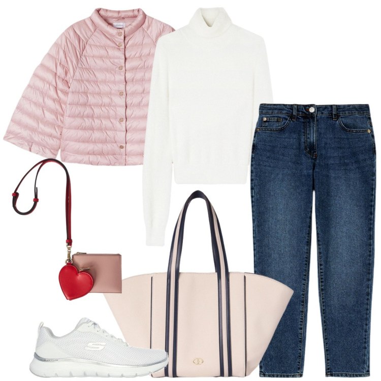 Outfit donna - Total look #2098559. Stile Casual chic per Tutti i giorni. Abbinamento con sneakers, cappe, jeans slim fit, shopping bag, portafogli, maglieria.