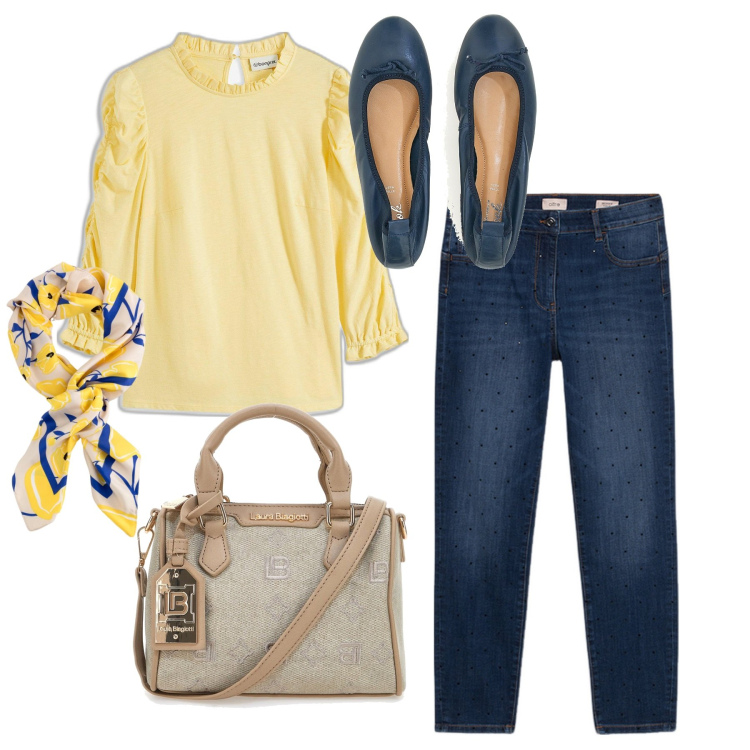 Outfit donna - Presto fatto. Stile Bon Ton per Tutti i giorni. Abbinamento con maglieria, borse a tracolla, ballerine, foulard, jeans skinny.