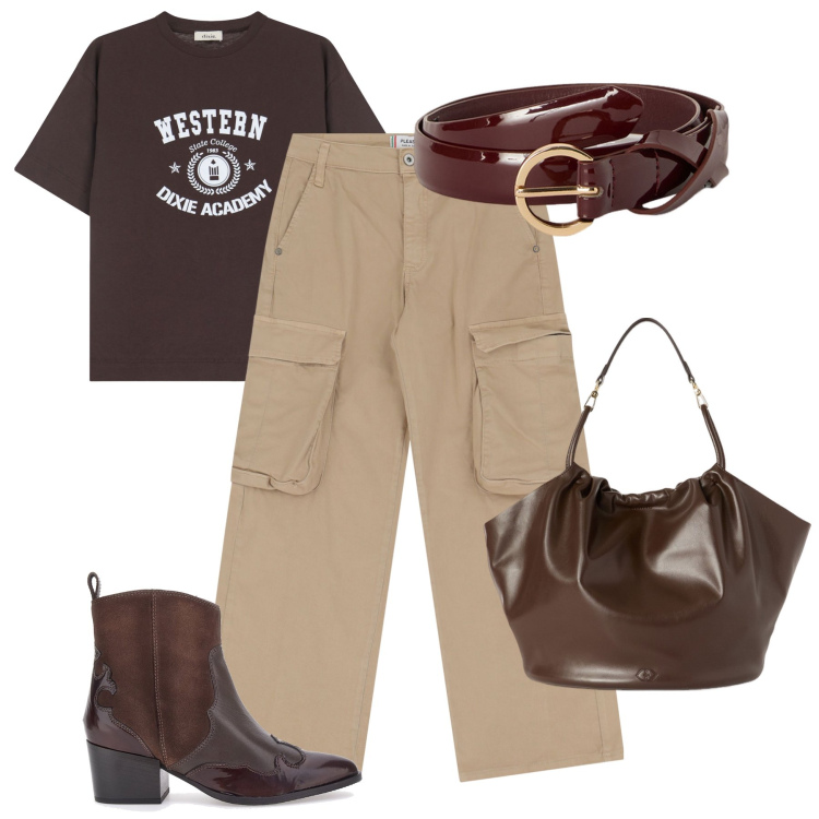 Outfit donna - Tortora e testa di moro in città. Stile Urban per Tutti i giorni. Abbinamento con pantaloni chino, t-shirt, stivaletti texani, borse a secchiello, cinture.