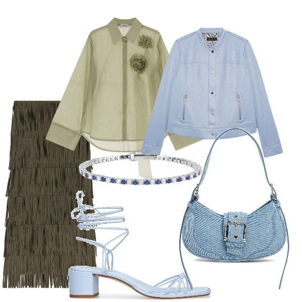 Outfit donna - Serata fuori. Stile Casual chic per Serata fuori. Abbinamento con braccialetti, camicie, gonne lunghe, blazer, borse a spalla, sandali in pelle.
