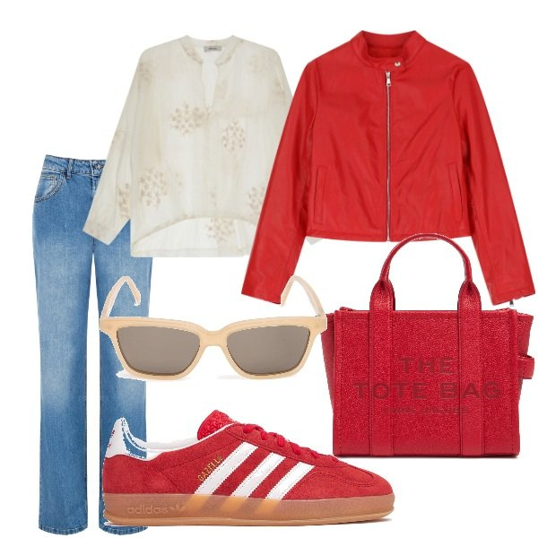 Outfit donna - A spasso per la città. Stile Trendy per Tutti i giorni. Abbinamento con camicie, giacche, jeans, sneakers, shopping bag, occhiali da sole.