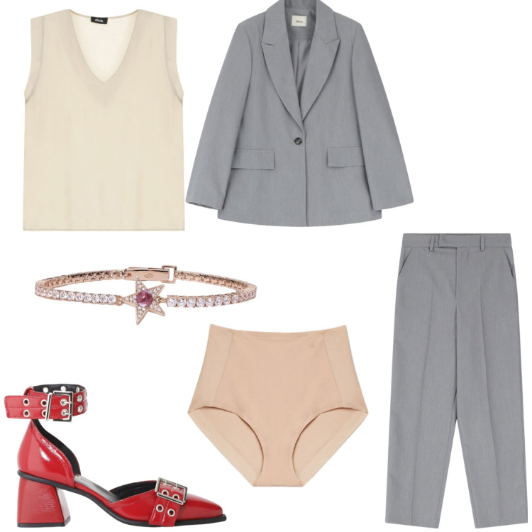 Outfit donna - Tailleur sartoriali. Stile Chic per Ufficio. Abbinamento con braccialetti, top, décolleté, blazer, culotte.