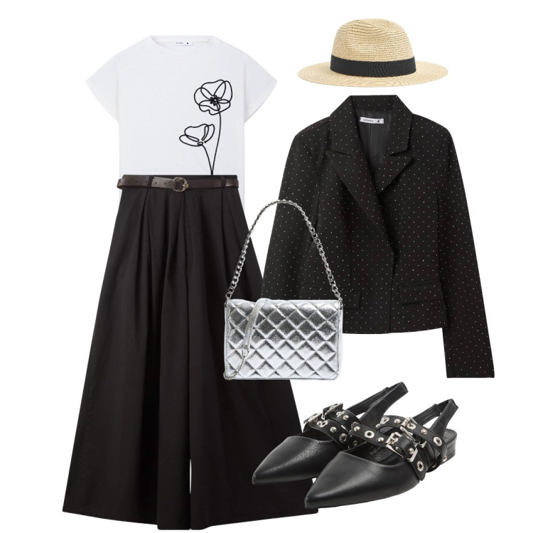 Outfit donna - Laurea di Matteo. Stile Glamour per Cerimonia. Abbinamento con blazer, cappelli, pantaloni, t-shirt, sabot, borse a tracolla.