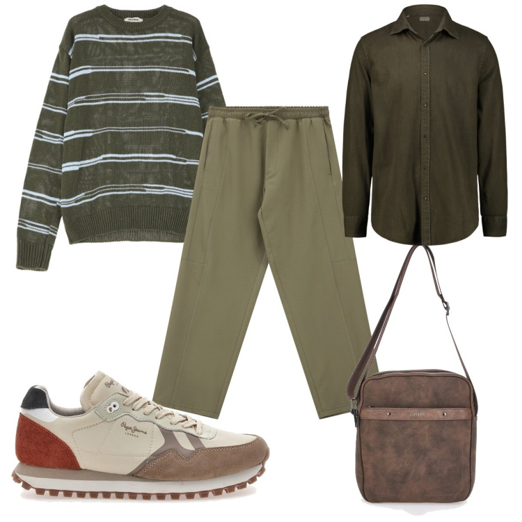 Outfit uomo - Total look #2098620. Stile Casual per Tutti i giorni. Abbinamento con pantaloni cargo, pullovers, portafogli, sneakers, camicie.